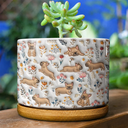 Lorva French Bulldog Flat Print Ceramic Plant Pot Happy Field Flowers