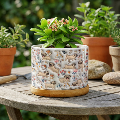Lorva Pug Flat Print Ceramic Plant Pot Happy Field Flowers