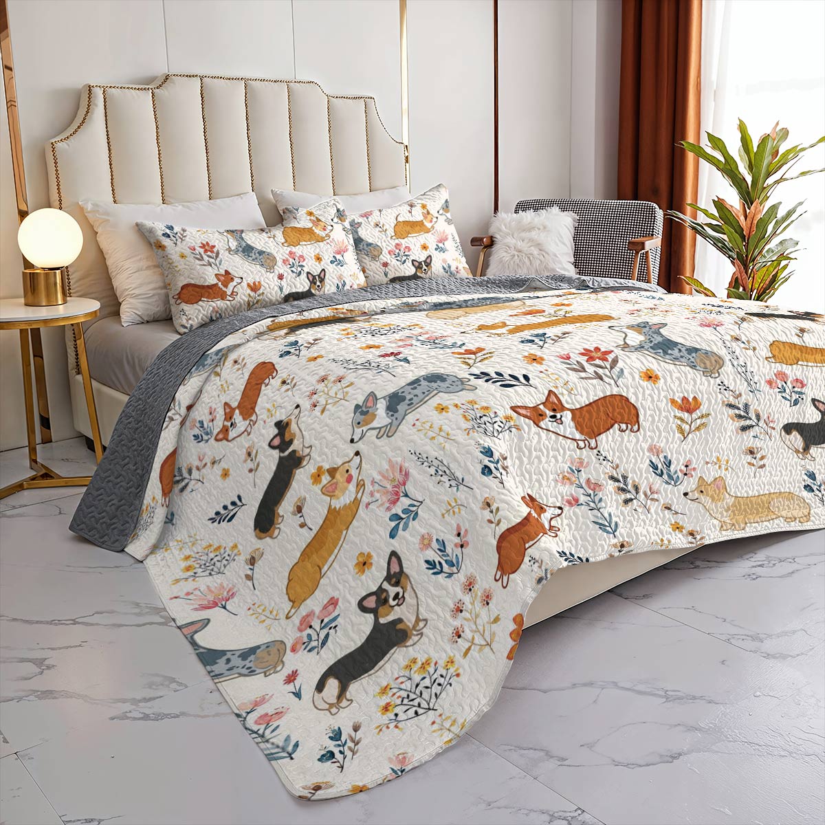 Lorva Corgi All Season Quilt 3-Piece Set Happy Field Flowers