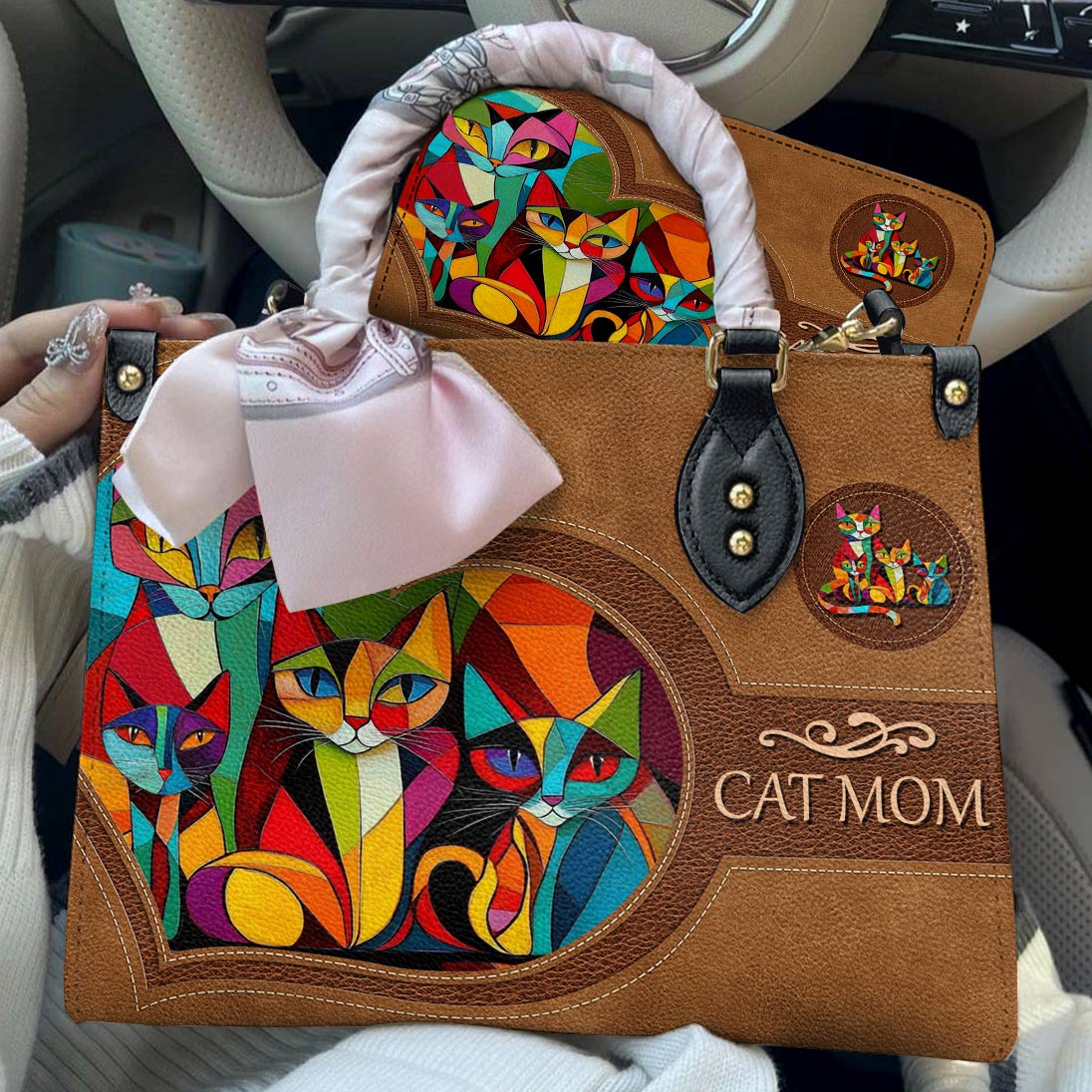 Lorva Leather Bag Colorful Cubism Cat Mom