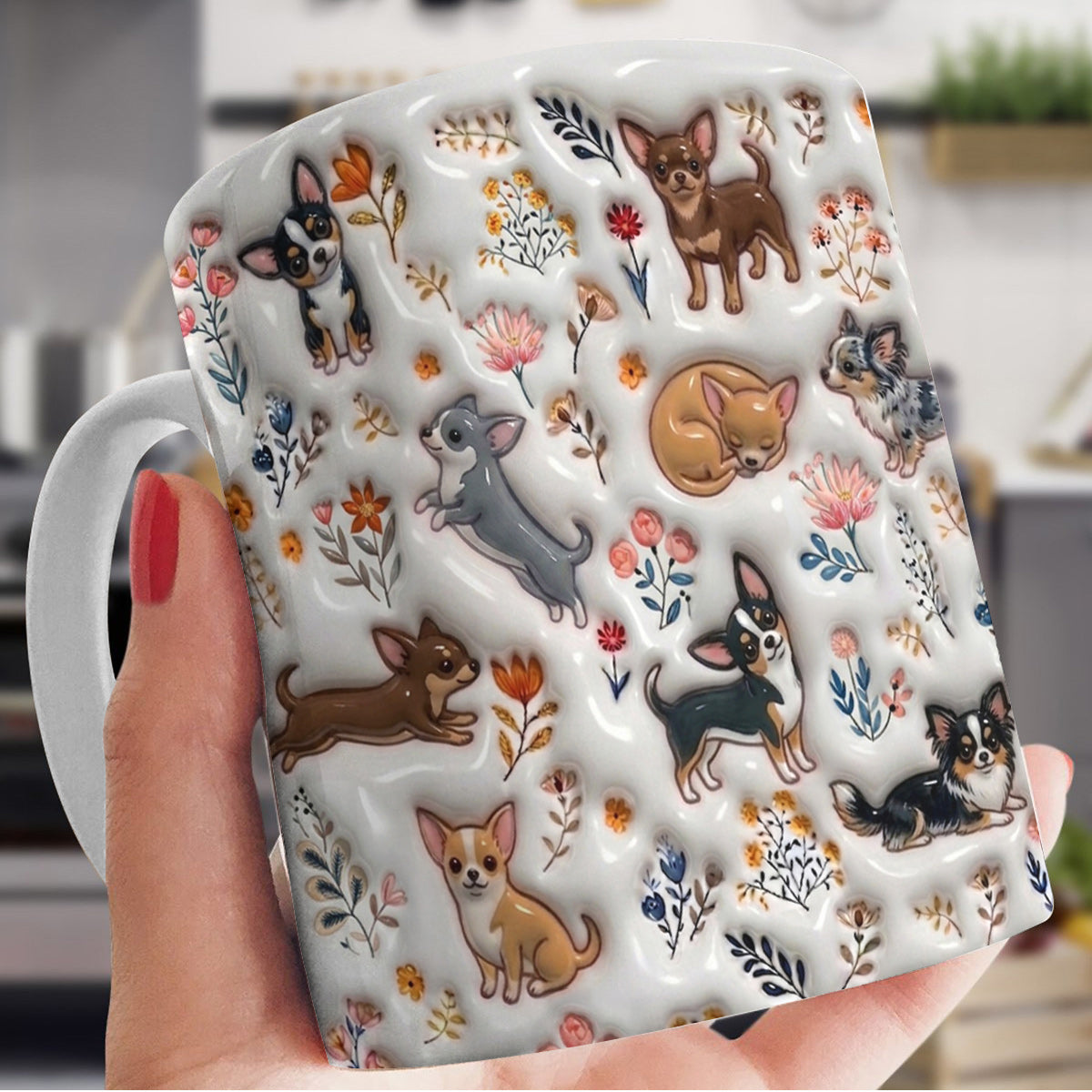 Lorva Cute Chihuahua Flat Print Mug Happy Field Flowers