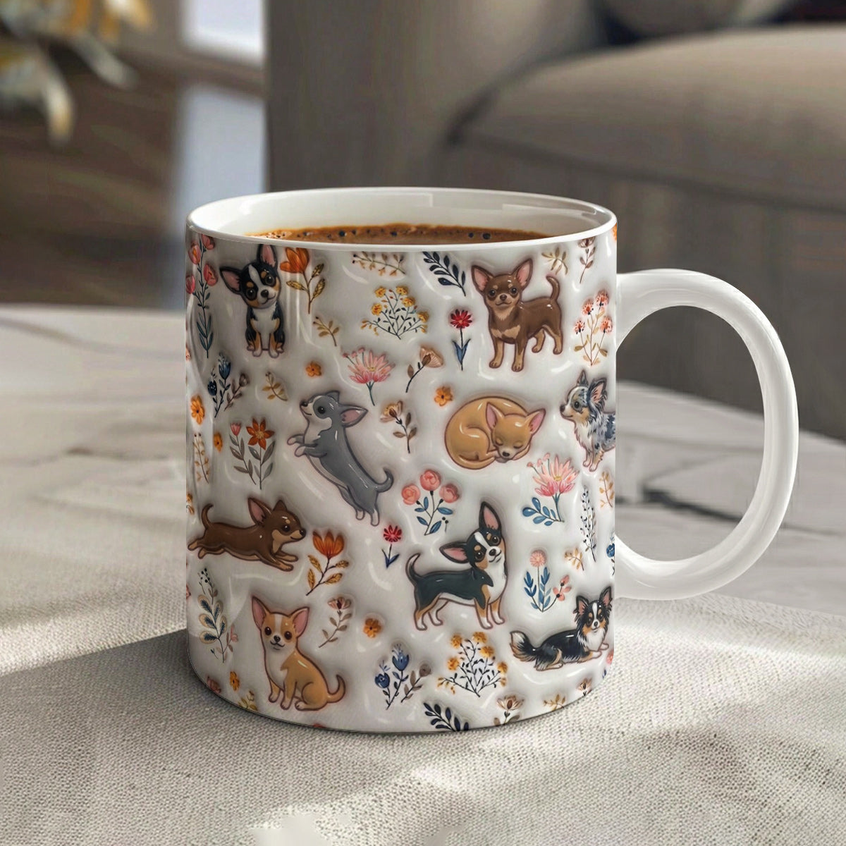 Lorva Cute Chihuahua Flat Print Mug Happy Field Flowers