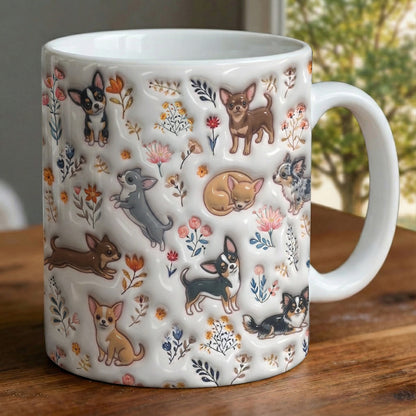 Lorva Cute Chihuahua Flat Print Mug Happy Field Flowers