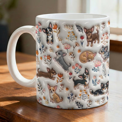 Lorva Cute Chihuahua Flat Print Mug Happy Field Flowers