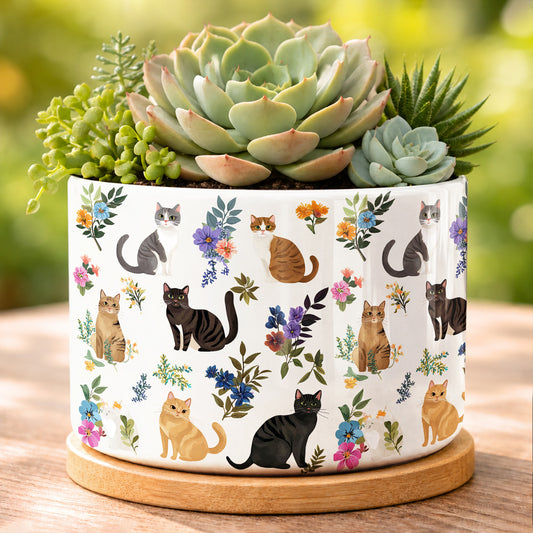 Lorva Ceramic Plant Pot Cute Floral Cats