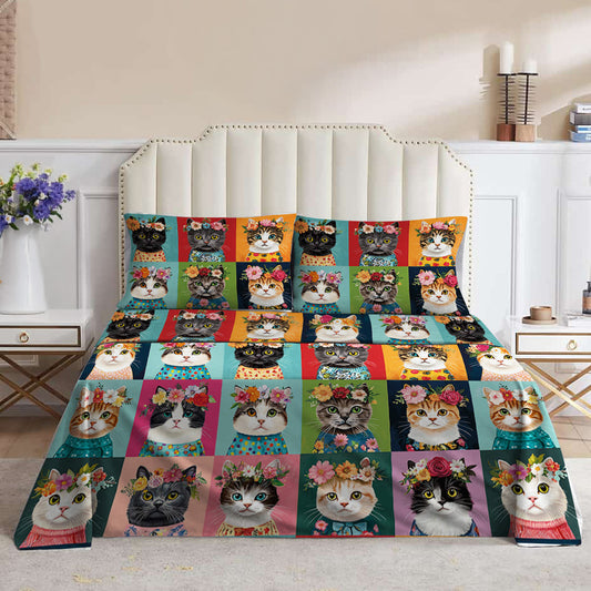 Lorva 4-Piece Bed Sheet Set Floral Crown Cats