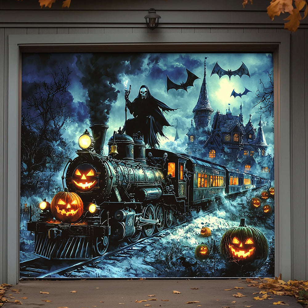 Lorva Halloween Garage Door Banner Decoration Grim Reaper Haunted Train