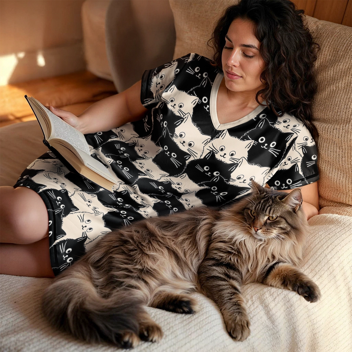 Lorva V-neck Nightshirt Cute Fat Cats