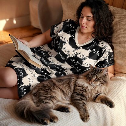 Lorva V-neck Nightshirt Cute Fat Cats