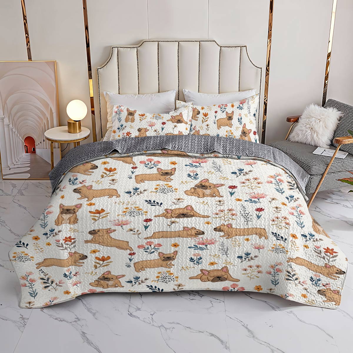 Lorva French Bulldog All Season Quilt 3-Piece Set Happy Field Flowers