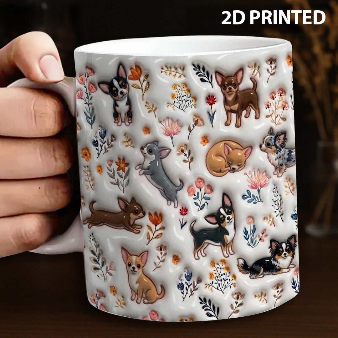 Lorva Cute Chihuahua Flat Print Mug Happy Field Flowers