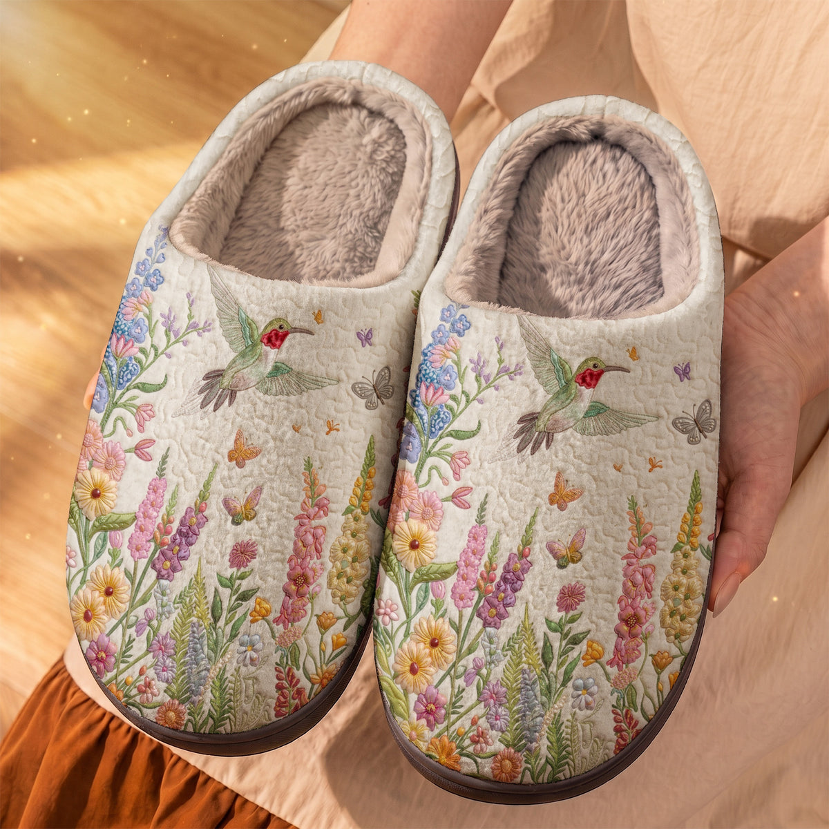 Lorva Hummingbird Fleece Lined Slippers Fluttering Blossoms