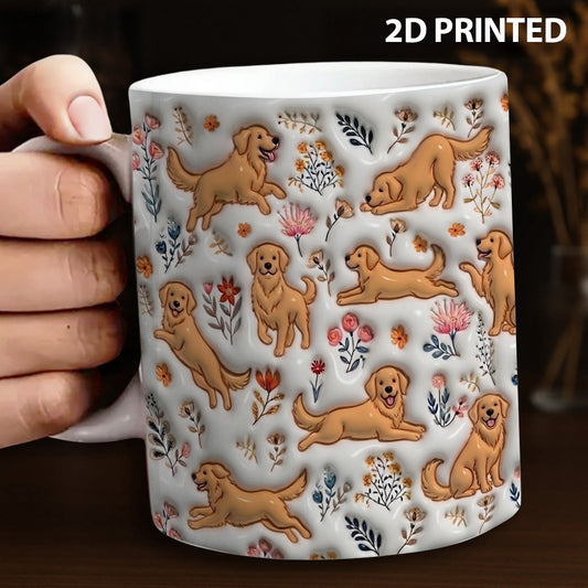Lorva Golden Retriever Flat Print Mug Happy Field Flowers