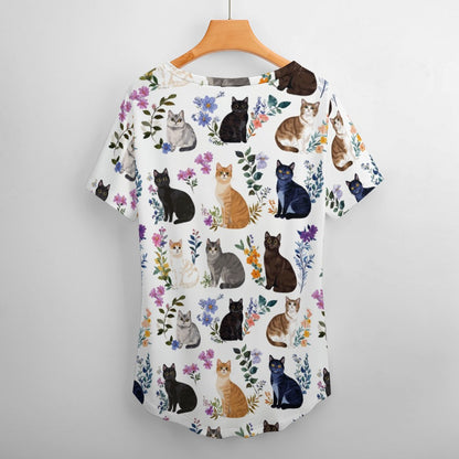 Cat V Neck Short-sleeve Women Shirt Charming Floral Cats