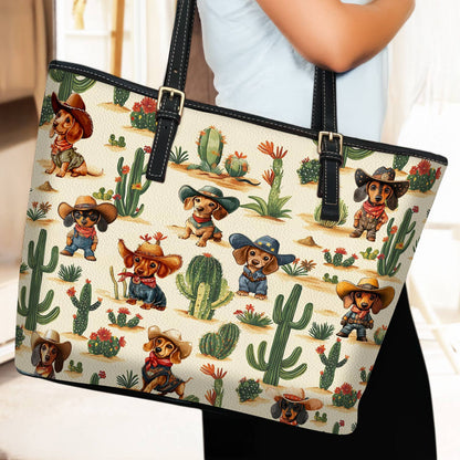 Lorva Dachshund Leather Tote Bag Cowboy Cactus Crew