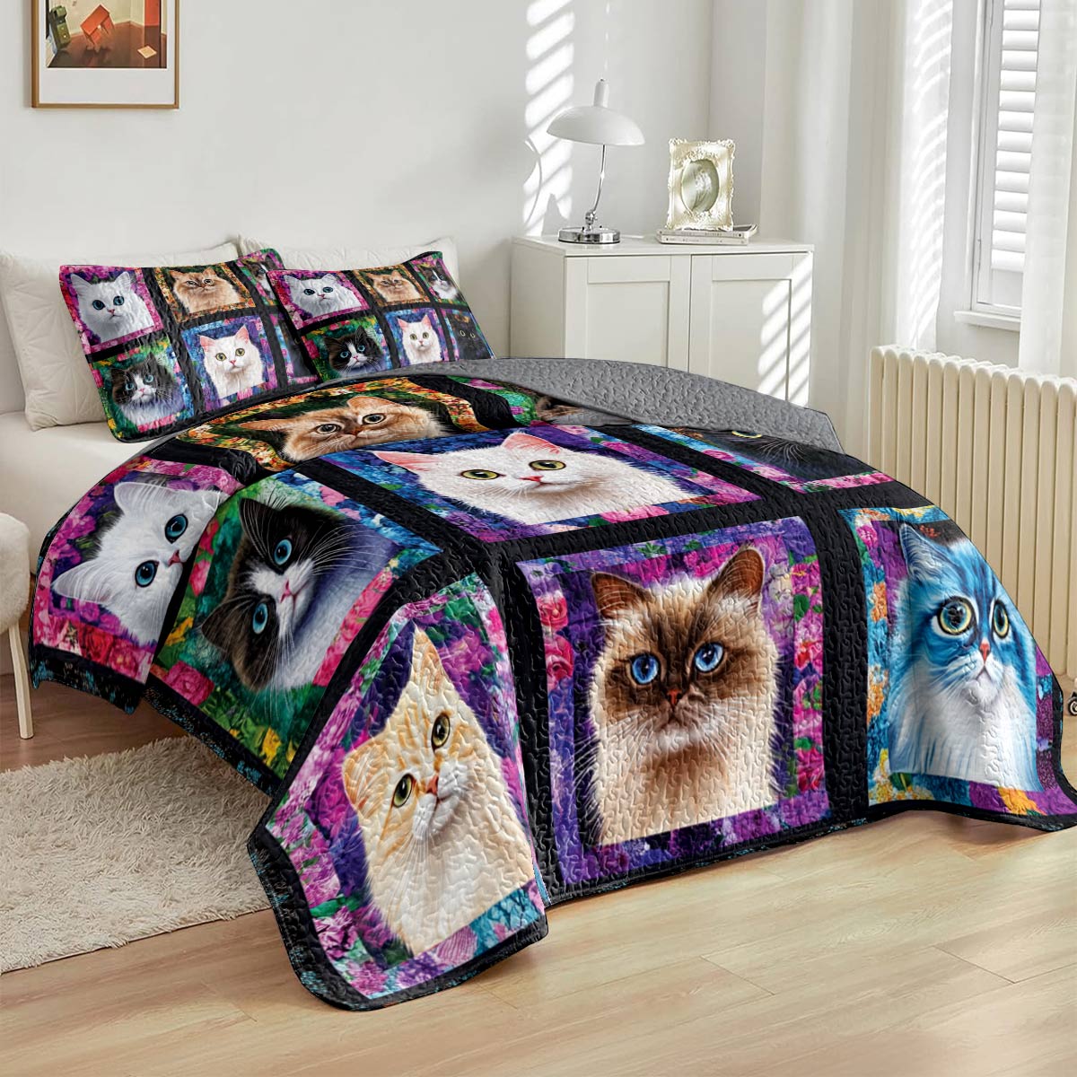 Lorva All Season Quilt 3-Piece Set Colorful Cat Parade