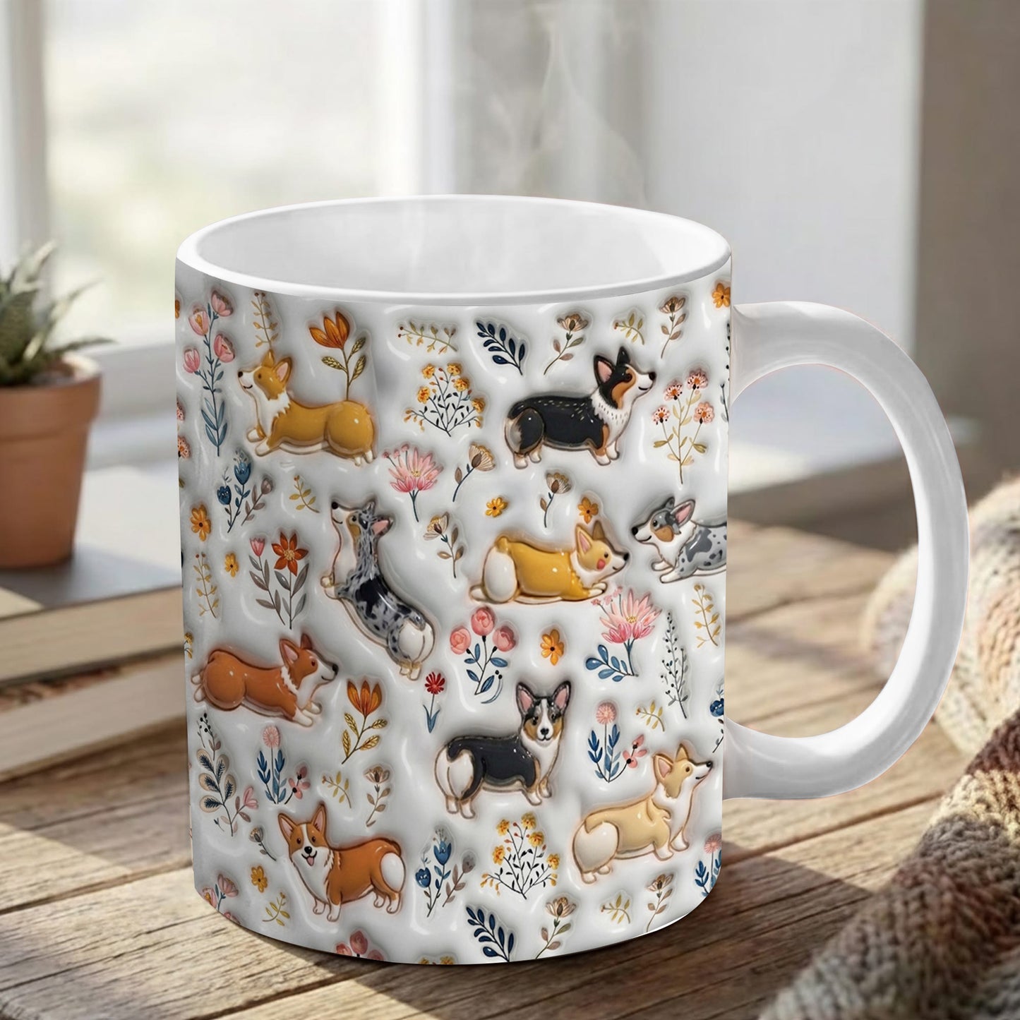 Lorva Corgi Flat Print Mug Happy Field Flowers