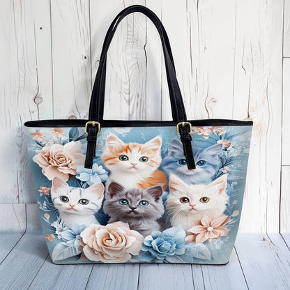 Lorva Leather Tote Bag Cute Floral Kitten Friends