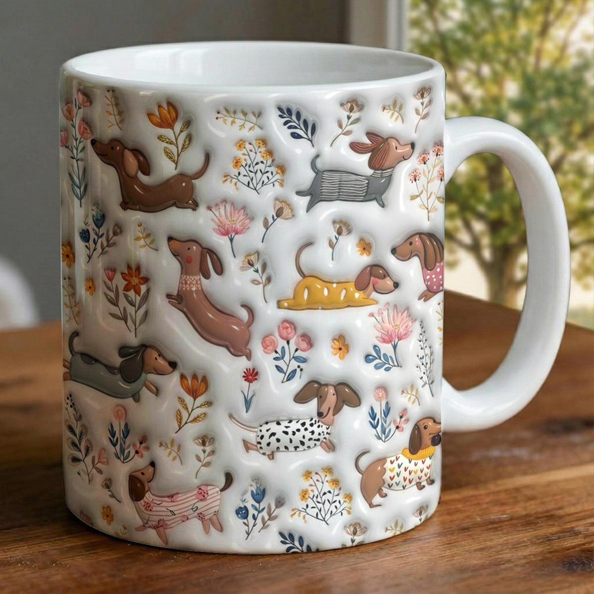 Lorva Dachshund Flat Print Mug Happy Field Flowers