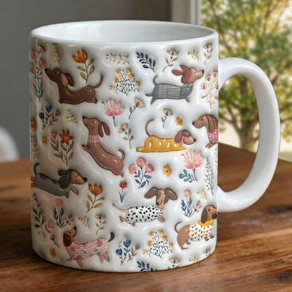 Lorva Dachshund Flat Print Mug Happy Field Flowers