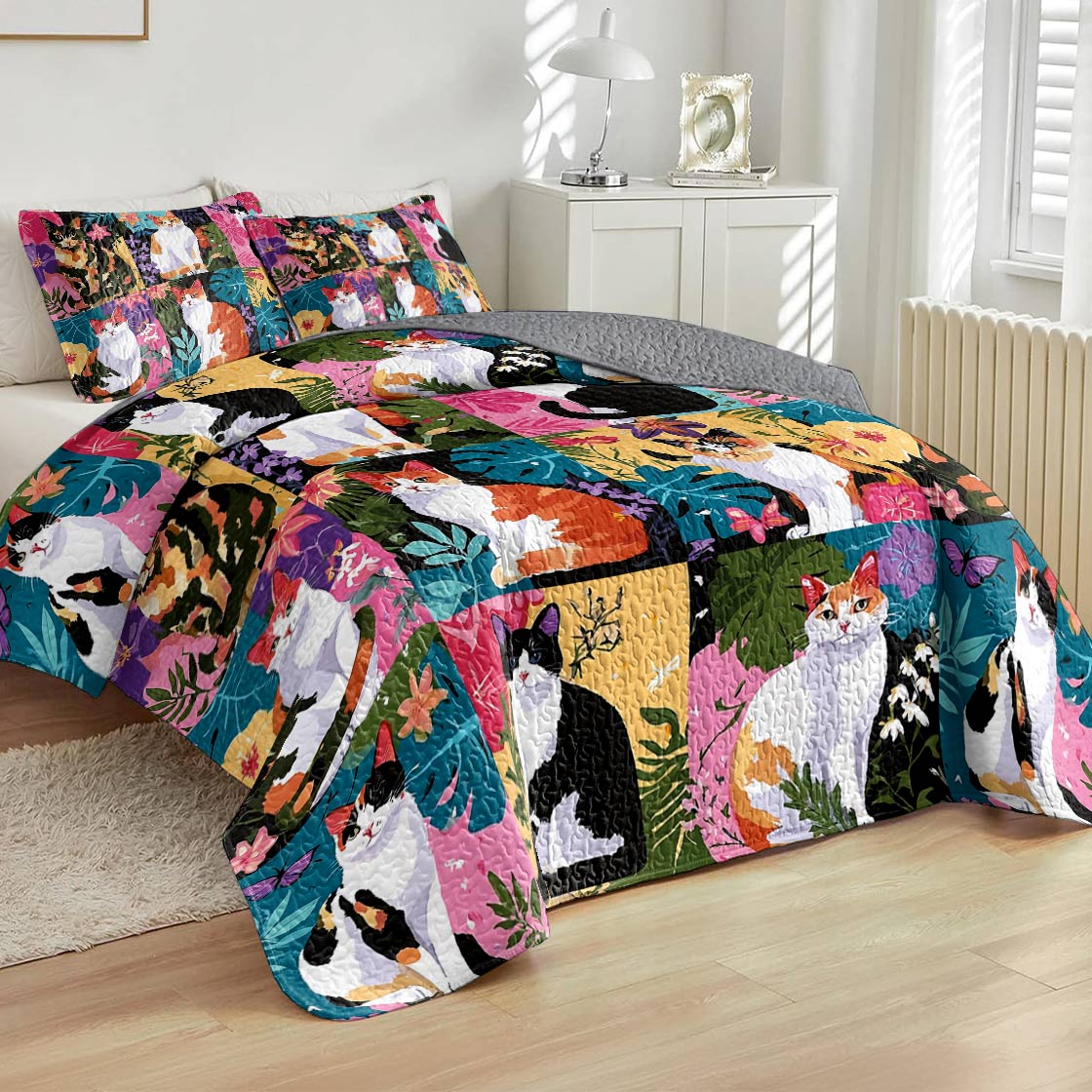 Lorva All Season Quilt 3-Piece Set Tropical Cat Garden