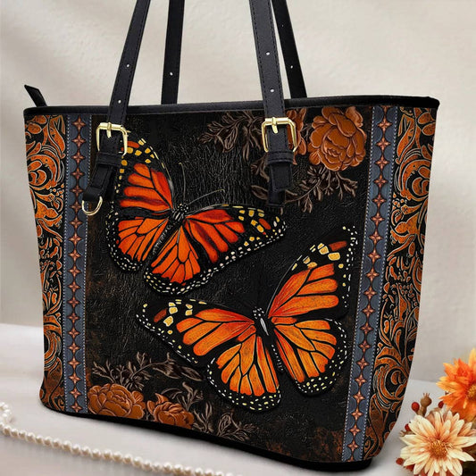 Lorva Monarch Butterfly Leather Tote Bag Vintage Ember Wings