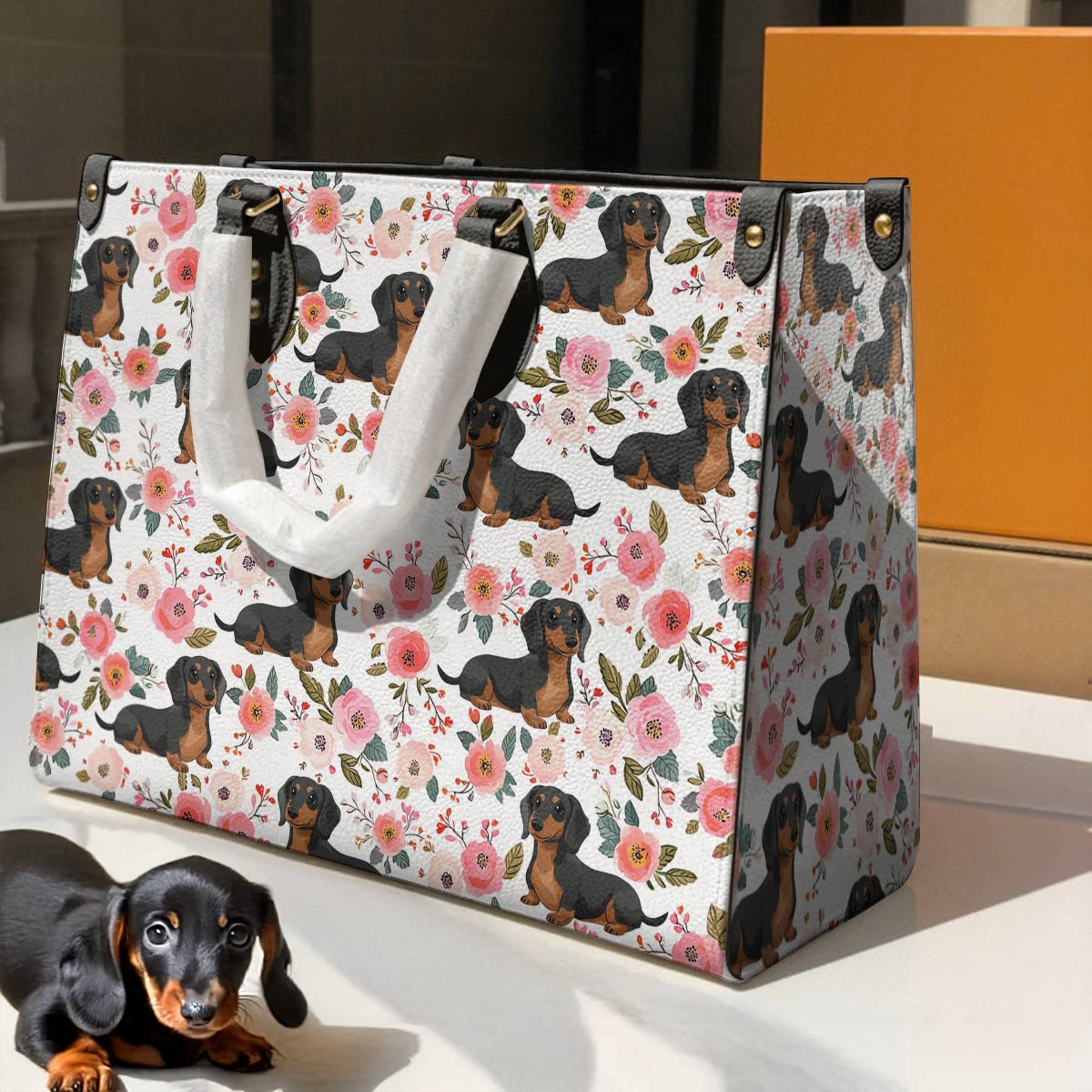 Lorva Leather Bag Charming Floral Dachshund