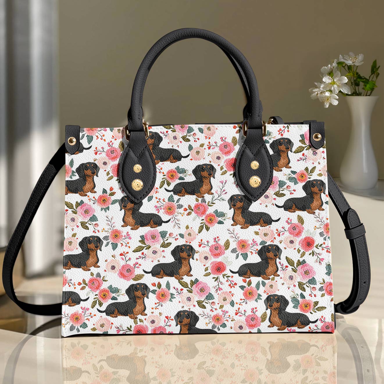 Lorva Leather Bag Charming Floral Dachshund