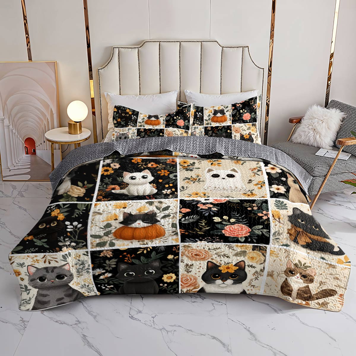 Lorva All Season Quilt 3-Piece Set Autumn Floral Cats