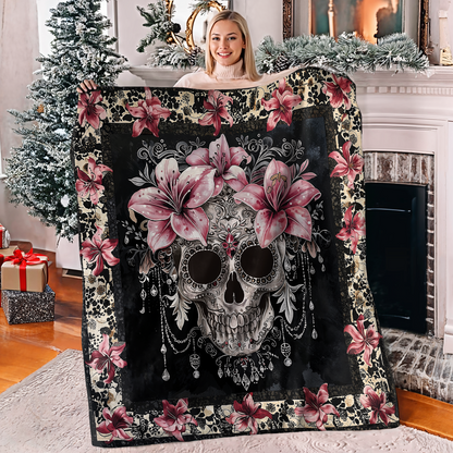 Lorva Fleece Blanket Gorgeous Skull With Lilies