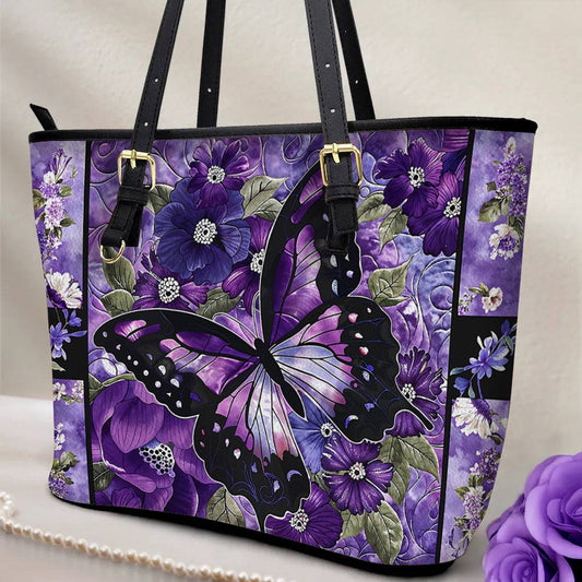 Lorva Leather Tote Bag Gorgeous Purple Butterfly Flowers