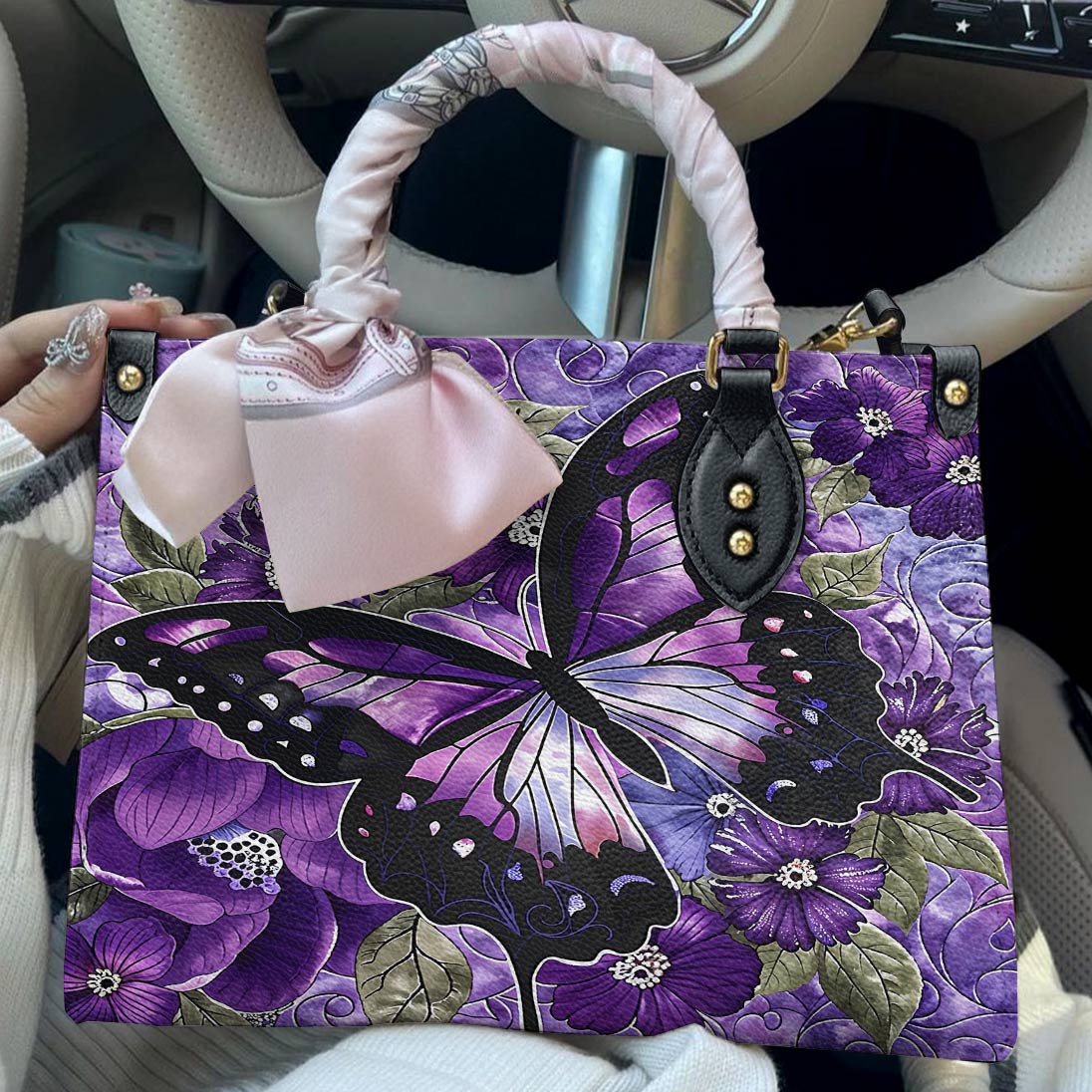 Lorva Leather Bag Gorgeous Purple Butterfly Flowers