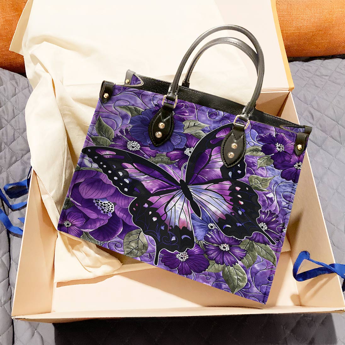 Lorva Leather Bag Gorgeous Purple Butterfly Flowers
