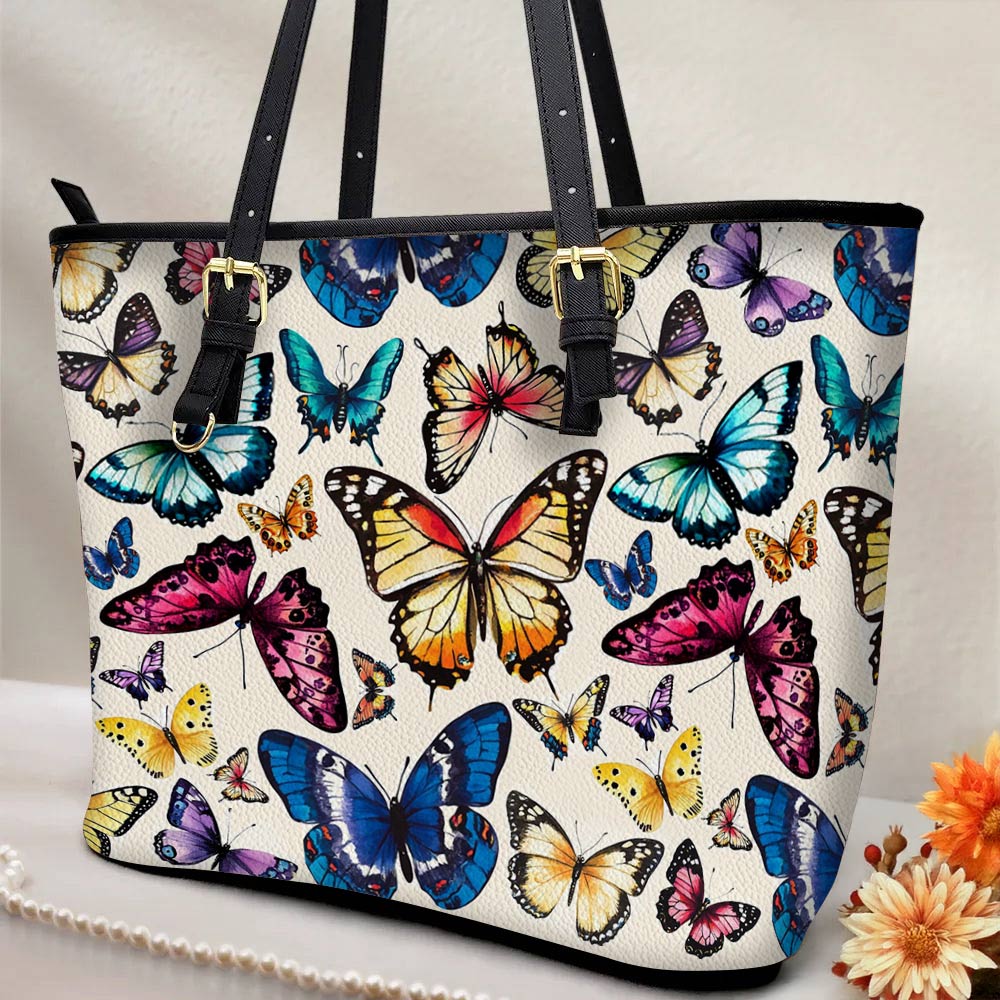 Lorva Leather Tote Bag Colorful Butterflies