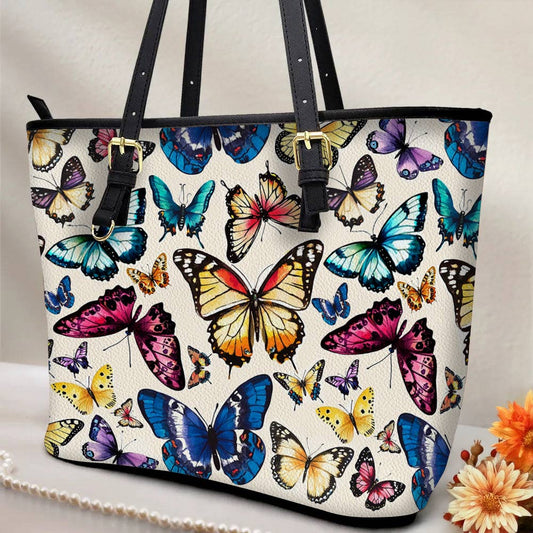 Lorva Leather Tote Bag Colorful Butterflies