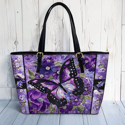 Lorva Leather Tote Bag Gorgeous Purple Butterfly Flowers