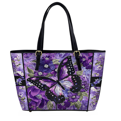 Lorva Leather Tote Bag Gorgeous Purple Butterfly Flowers