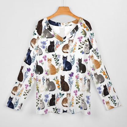 Lorva Cat Women's Long sleeve loose tee Charming Floral Cats