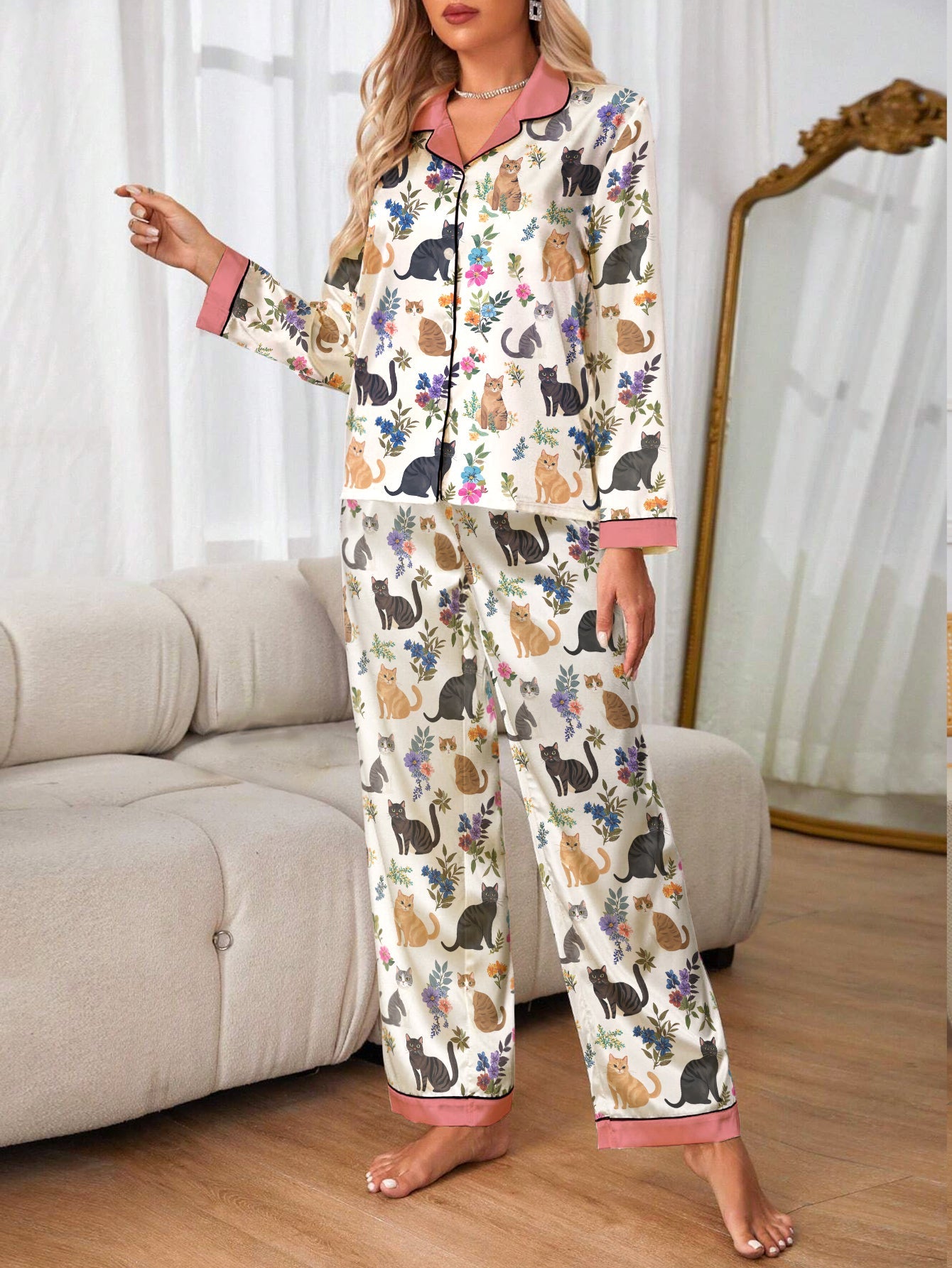 Lorva Cat Classic Pajama Set Cute Floral Cats