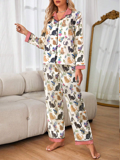 Lorva Cat Classic Pajama Set Cute Floral Cats