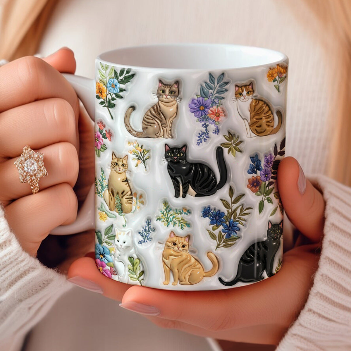 Lorva Mug Puffy Cute Floral Cats