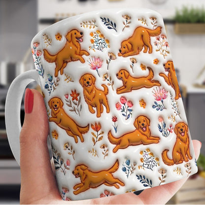 Lorva Red Golden Retriever Flat Print Mug Happy Field Flowers