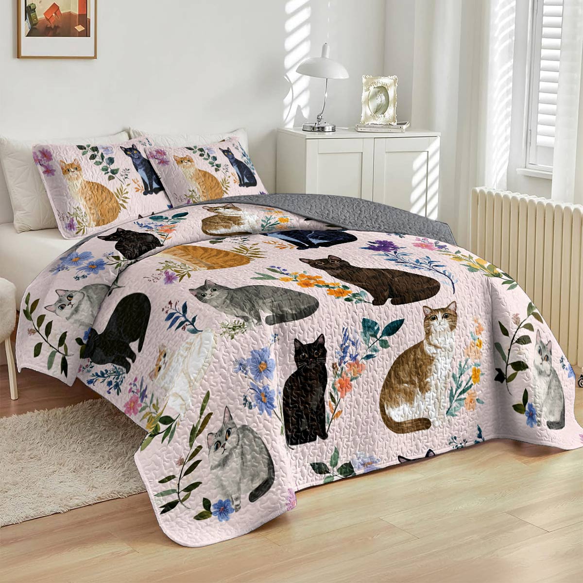 Lorva Cat All Season Quilt 3-Piece Set Pink Charming Floral Cats