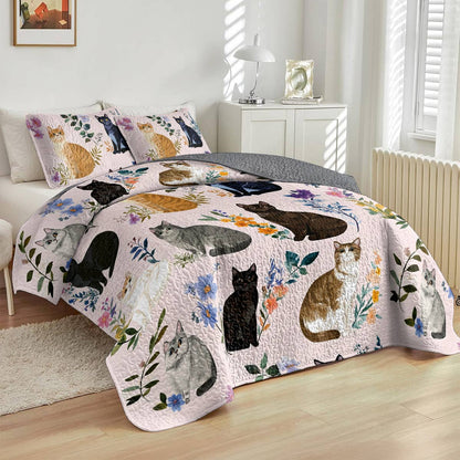 Lorva Cat All Season Quilt 3-Piece Set Pink Charming Floral Cats