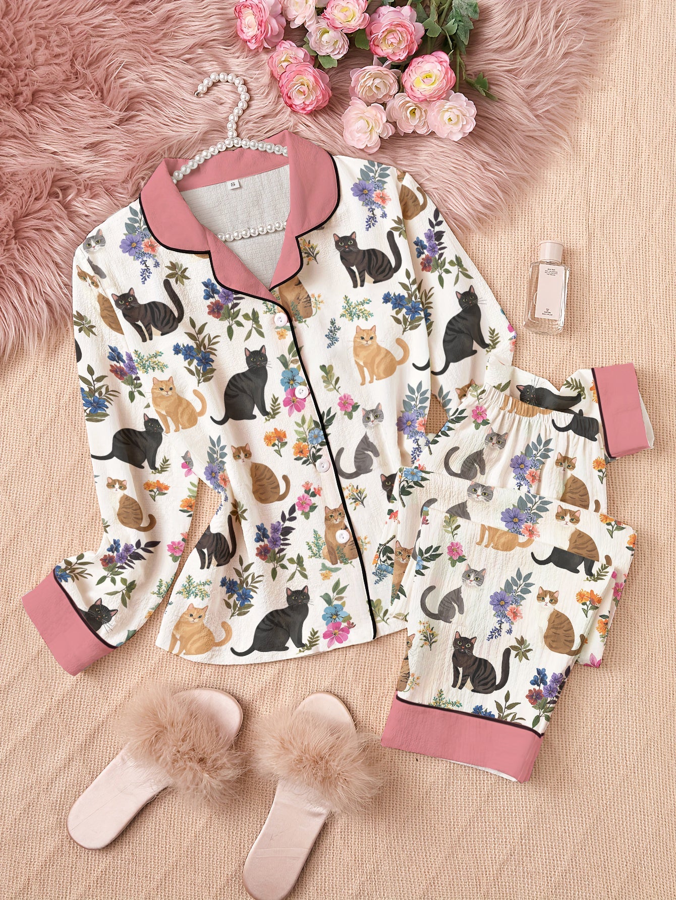 Lorva Cat Classic Pajama Set Cute Floral Cats