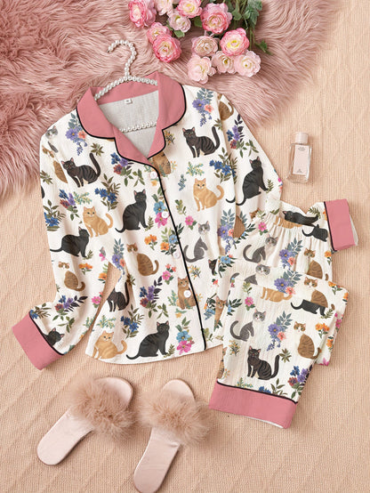 Lorva Cat Classic Pajama Set Cute Floral Cats