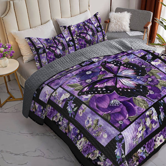Lorva All Season Quilt 3-Piece Set Gorgeous Purple Butterfly Flowers