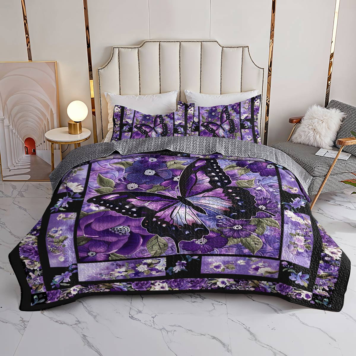 Lorva All Season Quilt 3-Piece Set Gorgeous Purple Butterfly Flowers