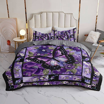 Lorva All Season Quilt 3-Piece Set Gorgeous Purple Butterfly Flowers