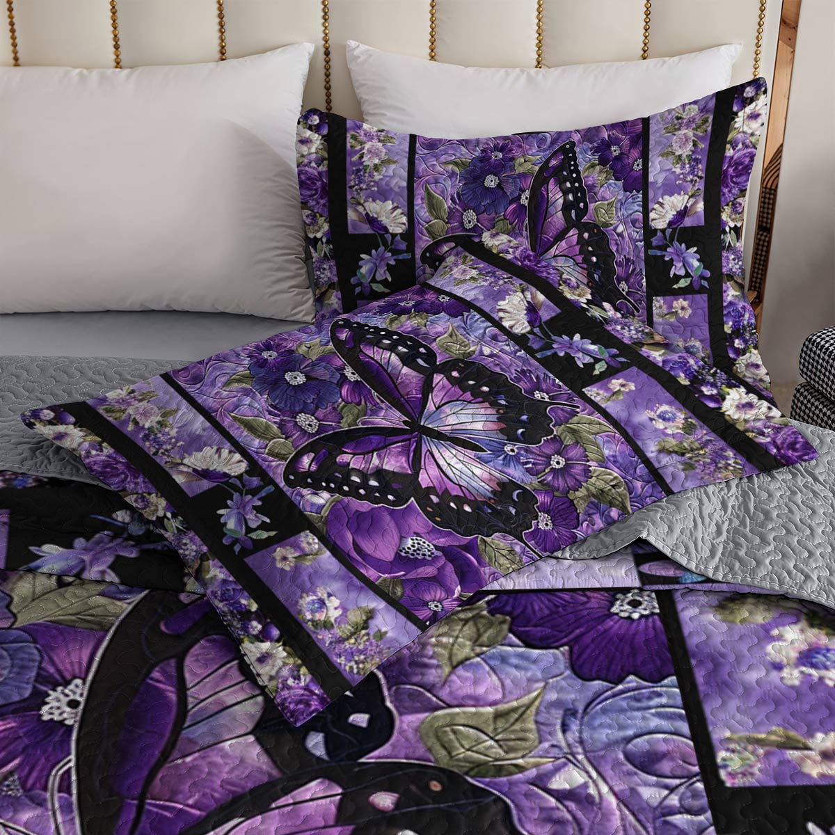 Lorva All Season Quilt 3-Piece Set Gorgeous Purple Butterfly Flowers